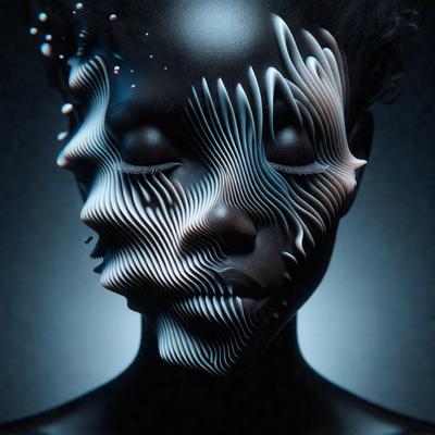 The primary subject of the image is a woman's face, which is the main focus of the image. The setting is a dark background, which adds to the overall mood of the image. The visual style is a combination of photo and digital art, creating a unique and intriguing representation of the woman's face. The colors in the image are predominantly black and white, giving the image a dramatic and artistic feel.